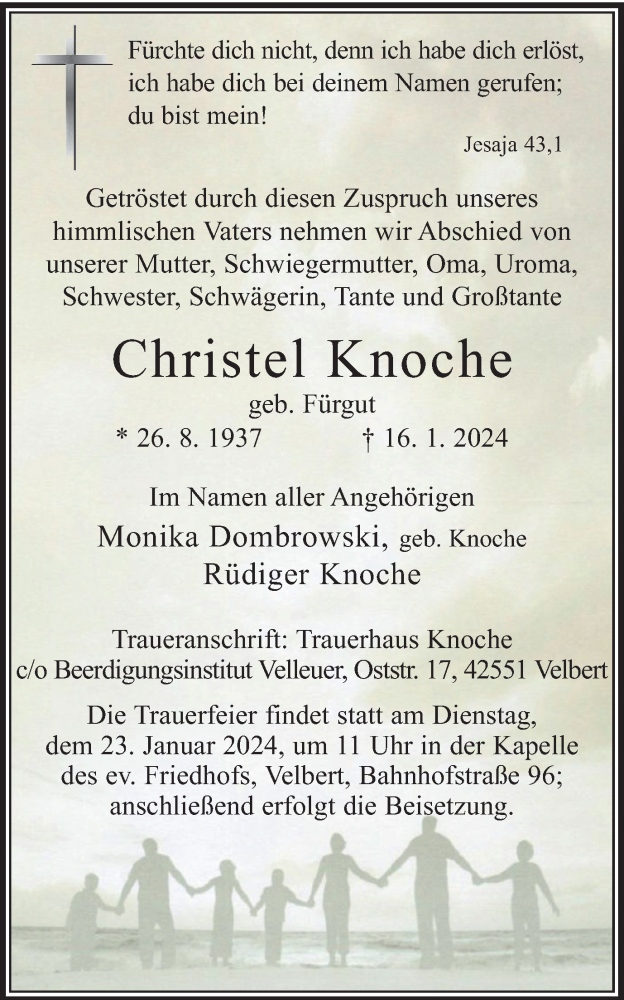  Traueranzeige für Christel Knoche vom 20.01.2024 aus Tageszeitung