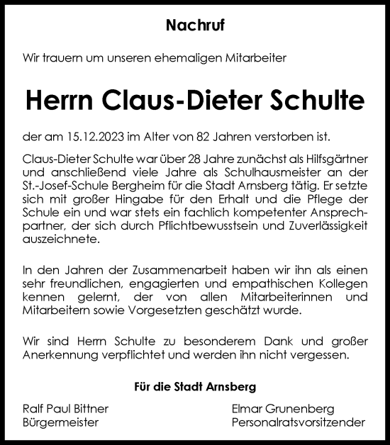 Traueranzeige von Claus-Dieter Schulte von Tageszeitung