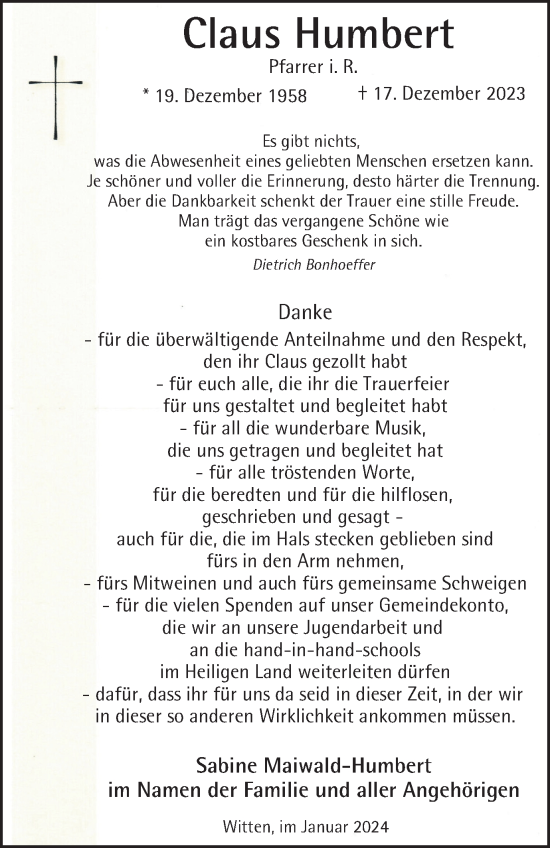 Traueranzeige von Claus Humbert von Tageszeitung