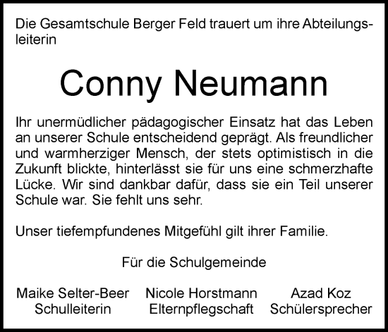 Traueranzeige von Conny Neumann von Tageszeitung