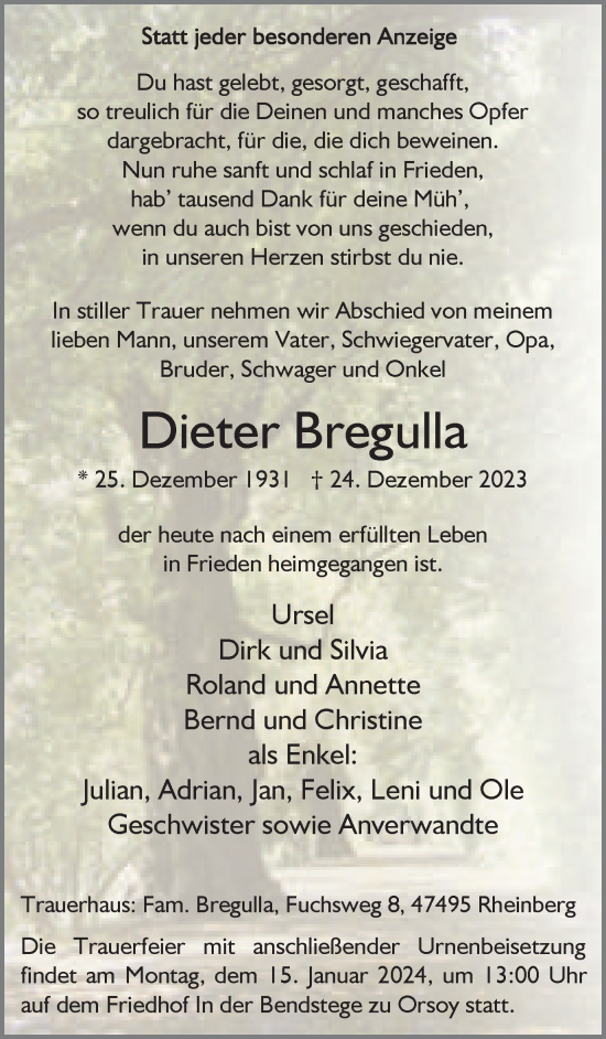 Traueranzeige von Dieter Bregulla von Tageszeitung