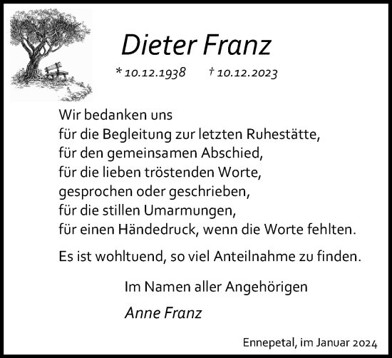 Traueranzeige von Dieter Franz von Tageszeitung