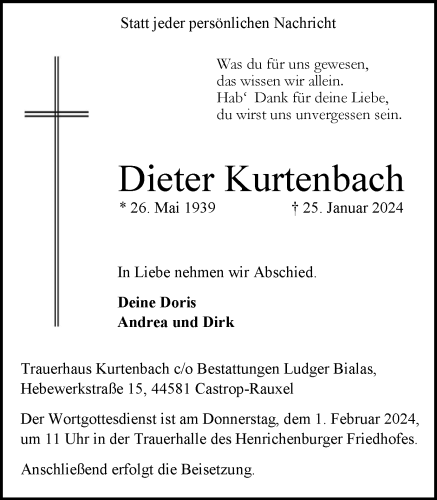  Traueranzeige für Dieter Kurtenbach vom 31.01.2024 aus Tageszeitung