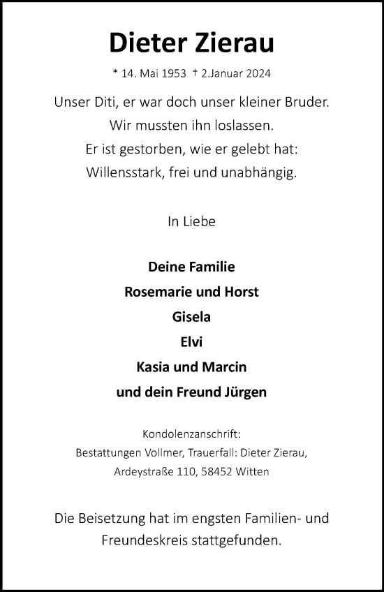 Traueranzeige von Dieter Zierau von Tageszeitung
