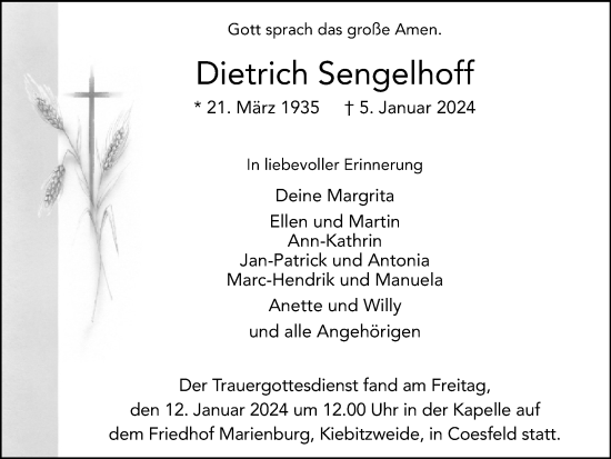 Traueranzeige von Dietrich Sengelhoff von Tageszeitung
