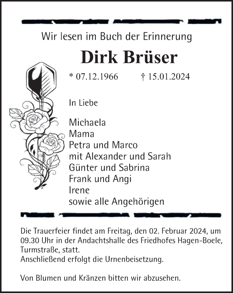  Traueranzeige für Dirk Brüser vom 27.01.2024 aus Tageszeitung