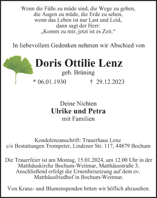 Traueranzeige von Doris Ottilie Lenz von Tageszeitung
