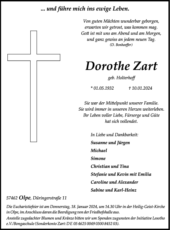 Traueranzeige von Dorothe Zart von Tageszeitung