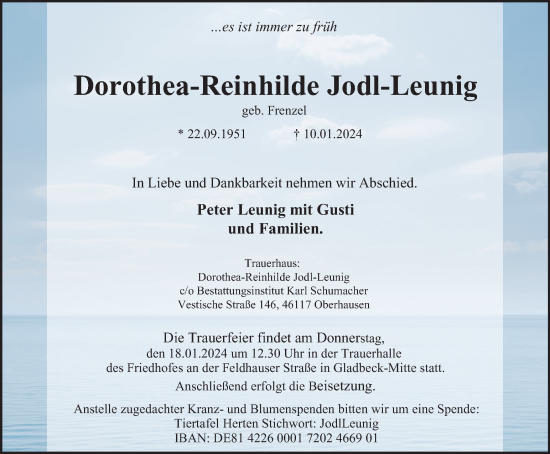 Traueranzeige von Dorothea-Reinhilde Jodl-Leunig von Tageszeitung
