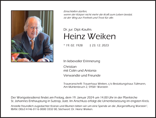 Traueranzeige von Dr. jur. Dipl.-Kaufm. Heinz Weiken von Tageszeitung