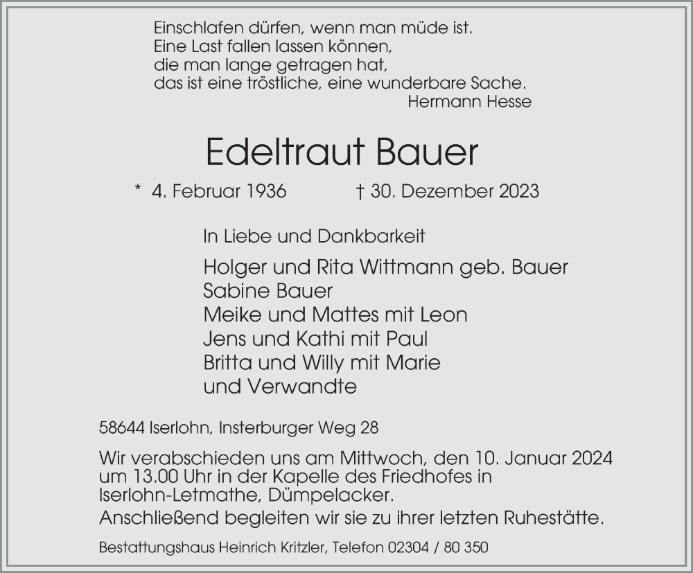  Traueranzeige für Edeltraut Bauer vom 06.01.2024 aus Tageszeitung