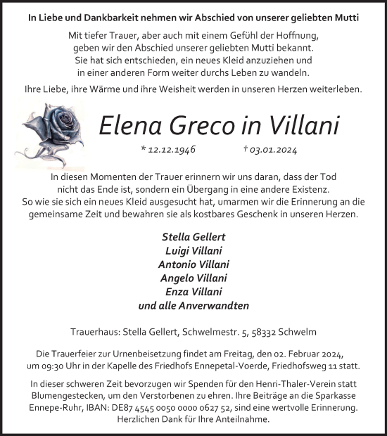 Traueranzeige von Elena Greco in Villani von Tageszeitung