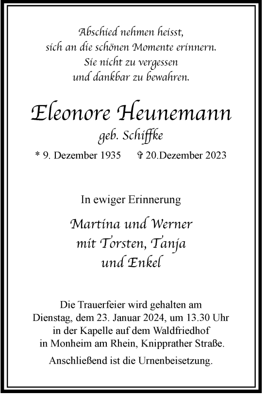 Traueranzeige von Eleonore Heunemann von Tageszeitung