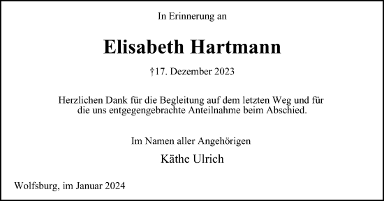 Traueranzeige von Elisabeth Hartmann von Tageszeitung