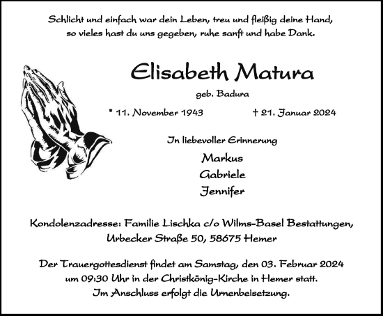 Traueranzeige von Elisabeth Matura von Tageszeitung