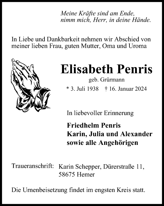 Traueranzeige von Elisabeth Penris von Tageszeitung