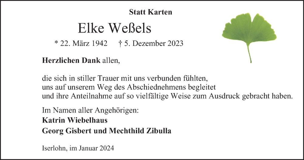  Traueranzeige für Elke Weßels vom 05.01.2024 aus Tageszeitung