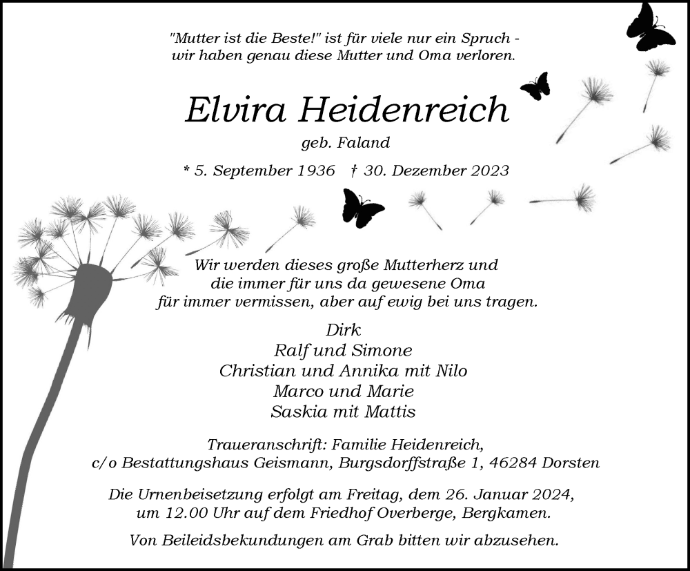  Traueranzeige für Elvira Heidenreich vom 19.01.2024 aus Tageszeitung