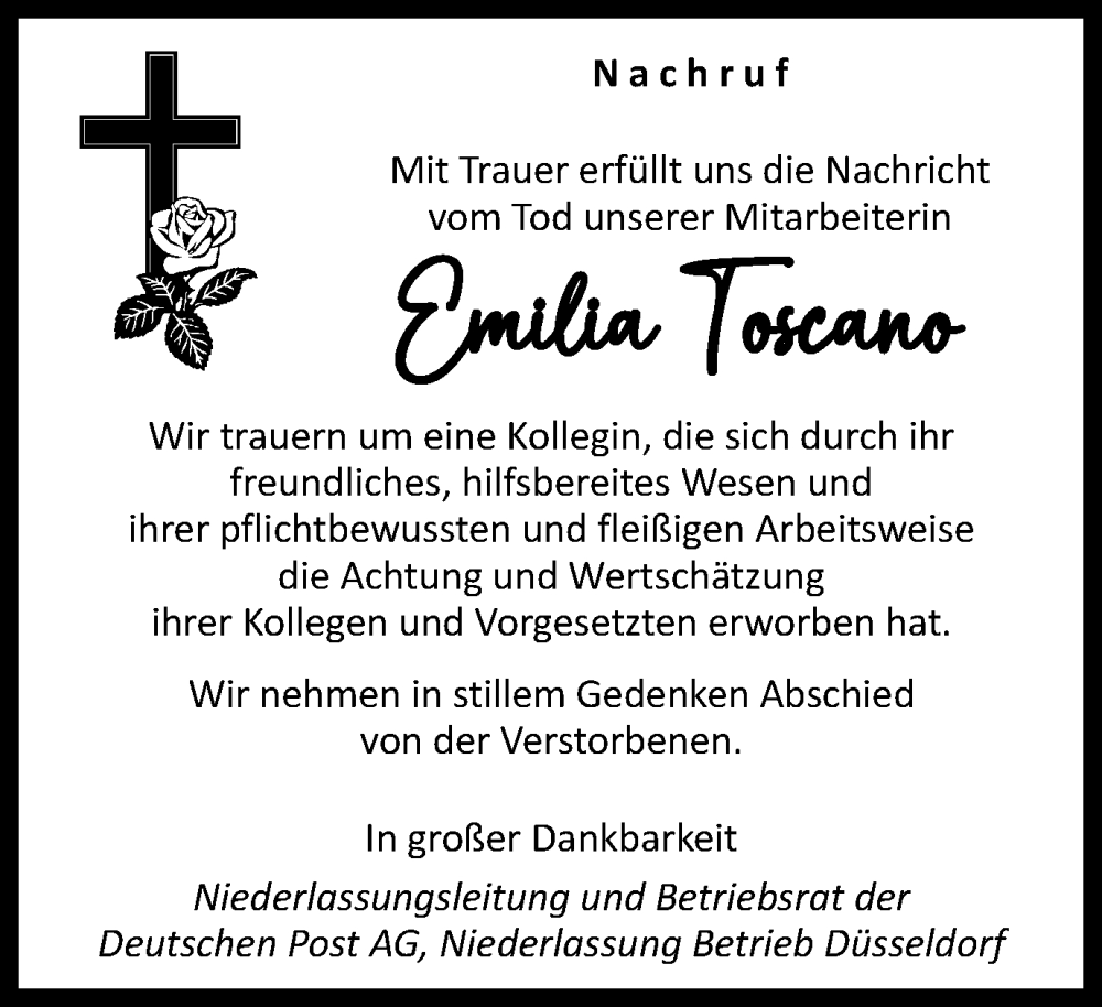  Traueranzeige für Emilia Toscano vom 06.01.2024 aus Tageszeitung