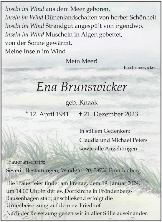 Traueranzeige von Ena Brunswicker von Tageszeitung
