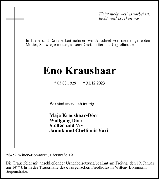 Traueranzeige von Eno Kraushaar von Tageszeitung