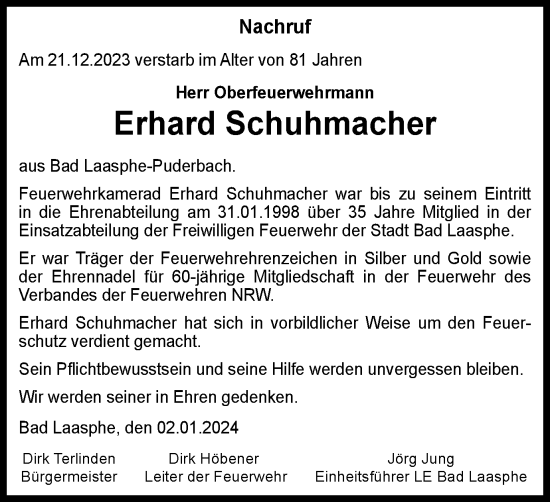 Traueranzeige von Erhard Schuhmacher von Tageszeitung