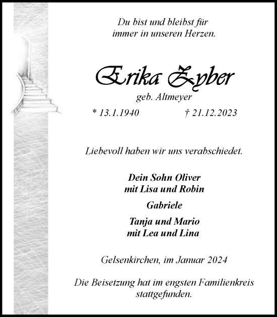 Traueranzeige von Erika Zyber von Tageszeitung