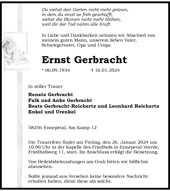 Traueranzeige von Ernst Gerbracht von Tageszeitung