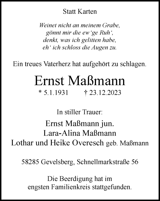 Traueranzeige von Ernst Maßmann von Tageszeitung