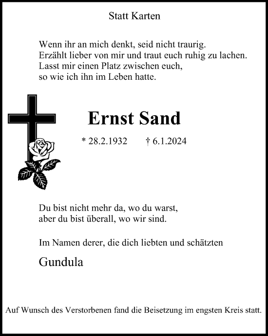 Traueranzeige von Ernst Sand von Tageszeitung