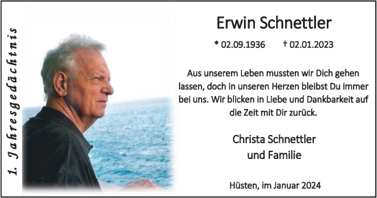 Traueranzeige von Erwin Schnettler von Tageszeitung