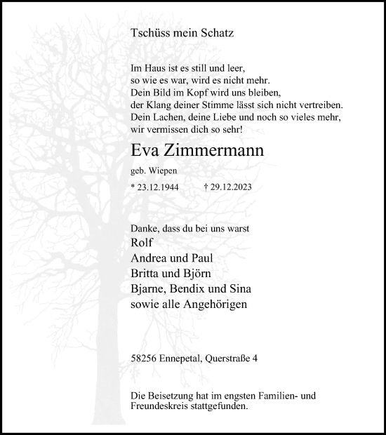 Traueranzeige von Eva Zimmermann von Tageszeitung