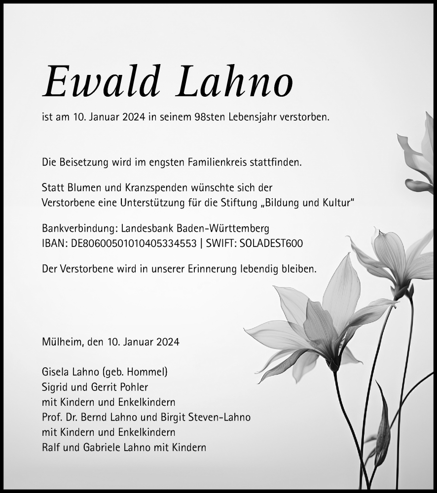  Traueranzeige für Ewald Lahno vom 18.01.2024 aus Tageszeitung