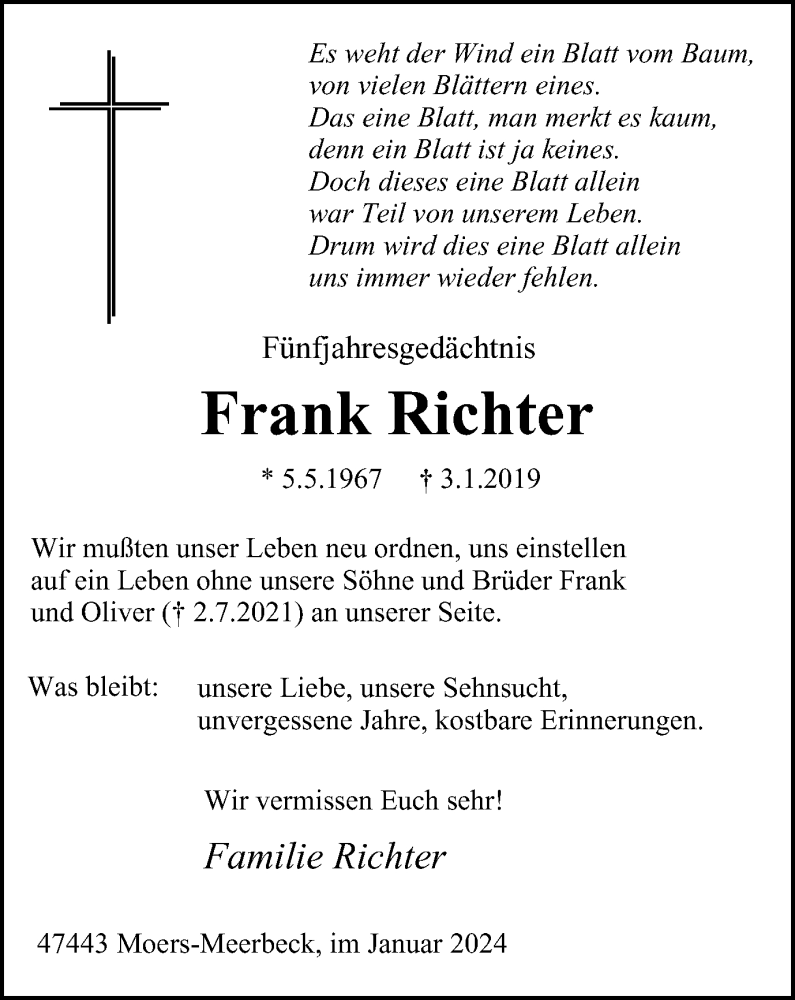  Traueranzeige für Frank Richter vom 06.01.2024 aus Tageszeitung