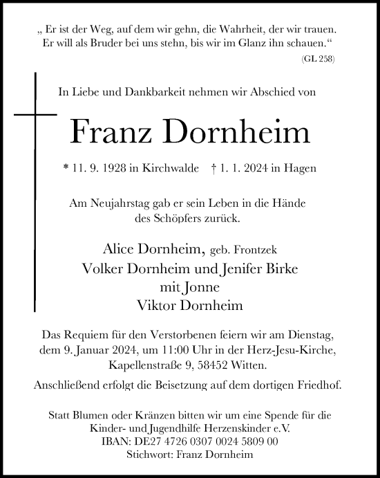 Traueranzeige von Franz Dornheim von Tageszeitung
