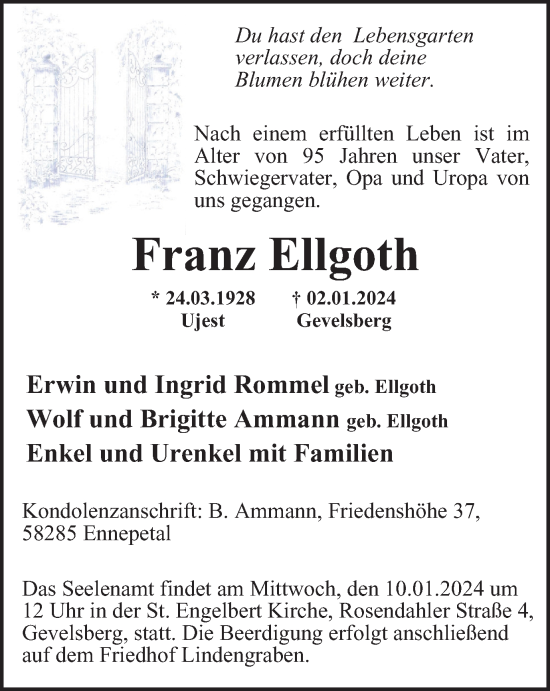 Traueranzeige von Franz Ellgoth von Tageszeitung