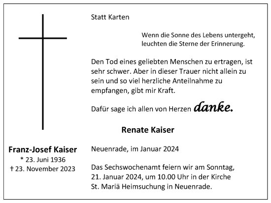 Traueranzeige von Franz-Josef Kaiser von Tageszeitung