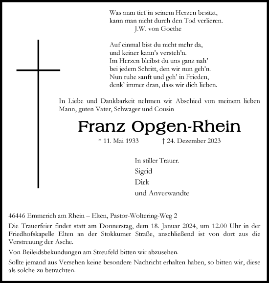 Traueranzeige von Franz Opgen-Rhein von Tageszeitung