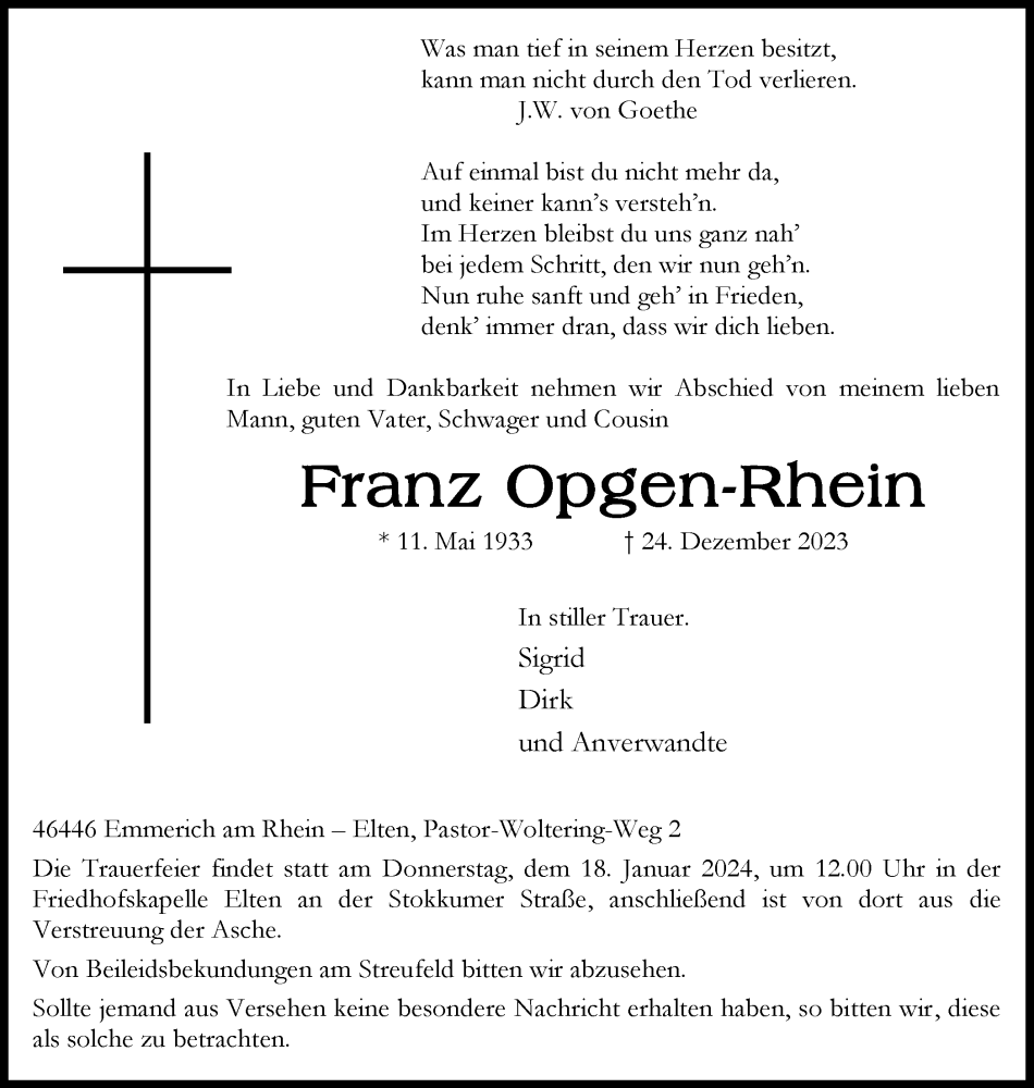  Traueranzeige für Franz Opgen-Rhein vom 13.01.2024 aus Tageszeitung
