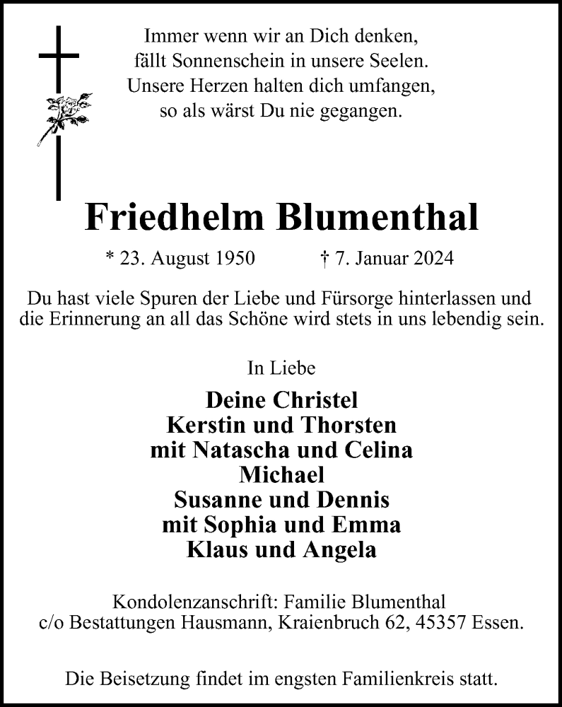  Traueranzeige für Friedhelm Blumenthal vom 13.01.2024 aus Tageszeitung