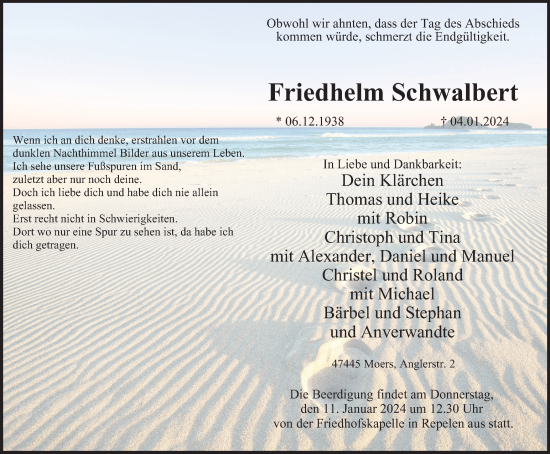 Traueranzeige von Friedhelm Schwalbert von Tageszeitung