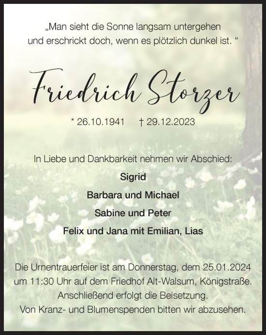 Traueranzeige von Friedrich Storzer von Tageszeitung