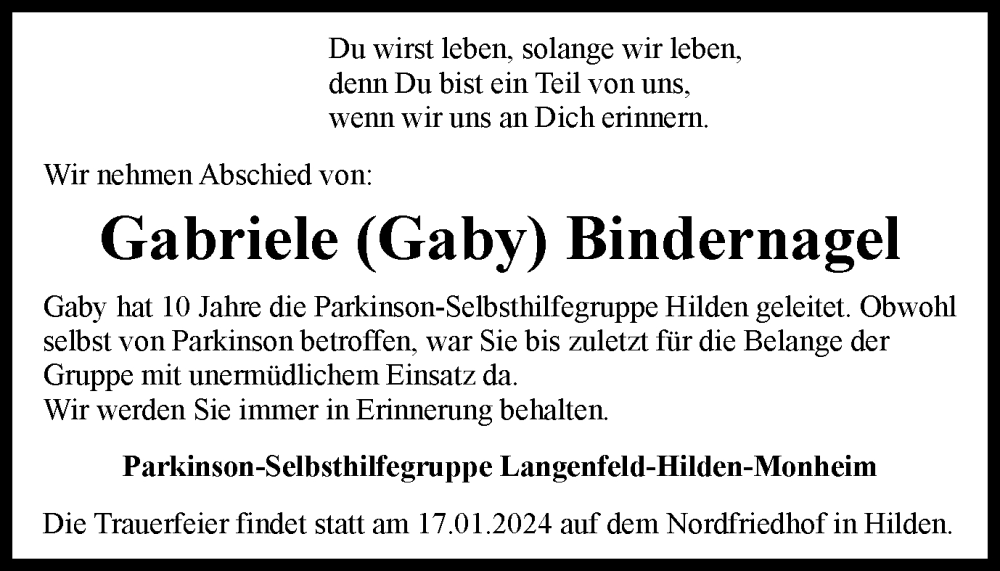  Traueranzeige für Gabriele  Bindernagel vom 06.01.2024 aus Tageszeitung
