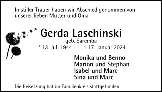 Traueranzeige von Gerda Laschenski von Tageszeitung