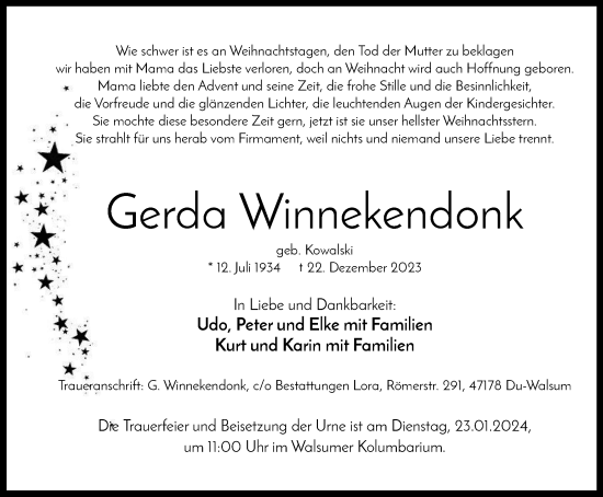Traueranzeige von Gerda Winnekendonk von Tageszeitung