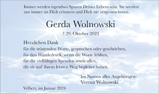 Traueranzeige von Gerda Wolnowski von Tageszeitung