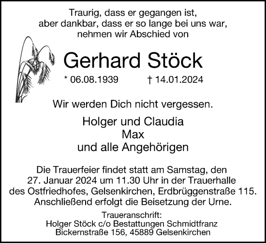 Traueranzeige von Gerhard Stöck von Tageszeitung