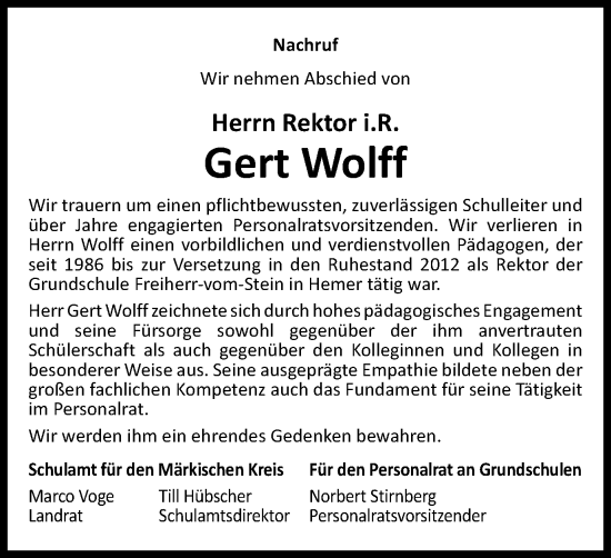 Traueranzeige von Gert Wolff von Tageszeitung