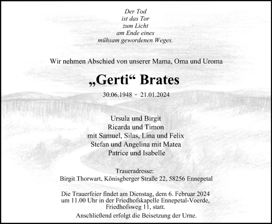 Traueranzeige von Gerti Brates von Tageszeitung