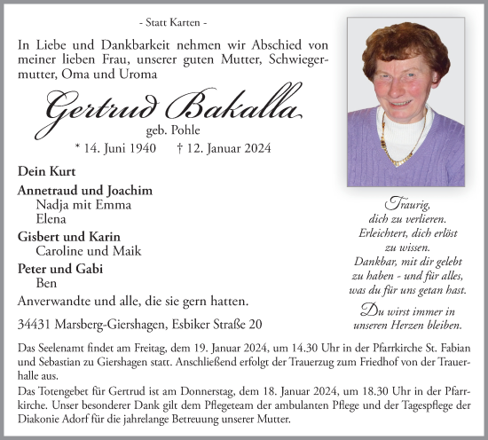 Traueranzeige von Gertrud Bakalla von Tageszeitung